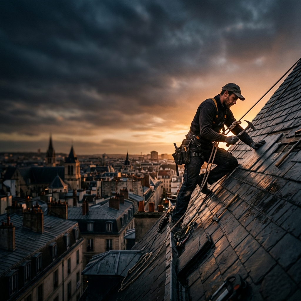 Artisan couvreur travaillant sur une toiture ardoise au coucher de soleil