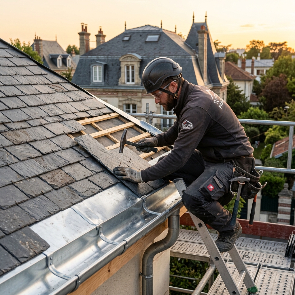 Couvreur Gagny rénovation toiture ardoise avec gouttières zinc